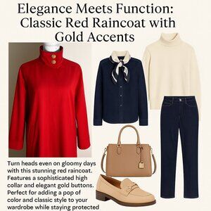 Vintage Vibrant Red Raincoat with Chic Gold Buttons - Stay Stylish & Dry!